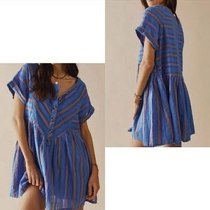 Free People Claire Mini blue motif striped Boho tunic dress XS NWT
